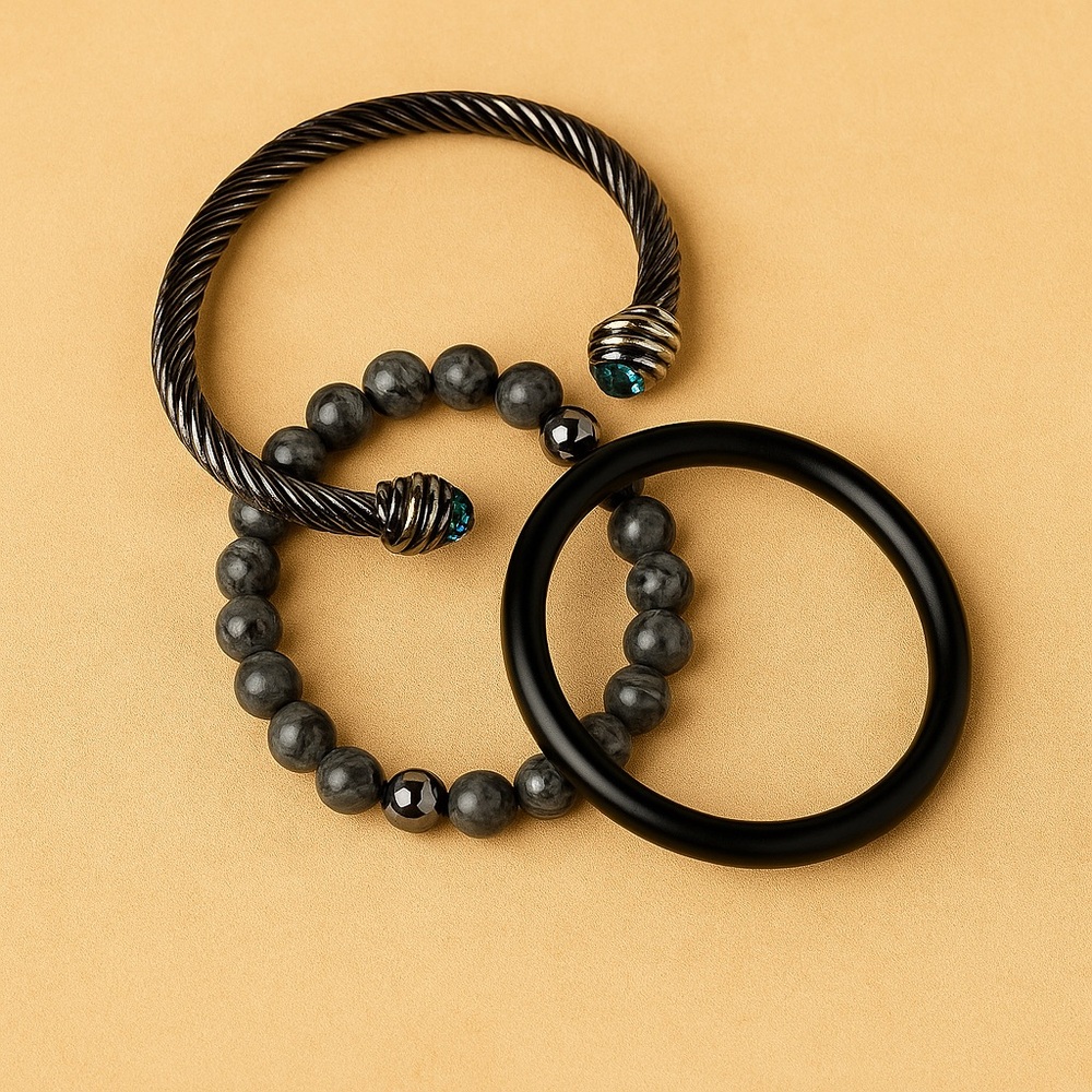 Men’s Bold Bracelet Trio – Beaded, Cable Cuff & Black Bangle Set